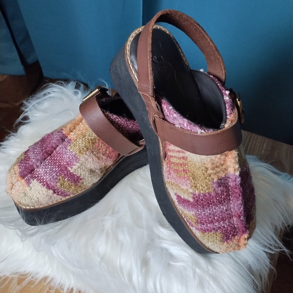 Free People Multicolor Wool-Textured Platform Clogs with Brown Strap